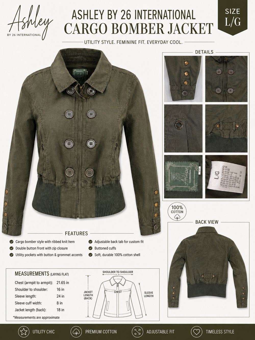Ashley By 26 International Cargo Bomber Jacket - Olive Green